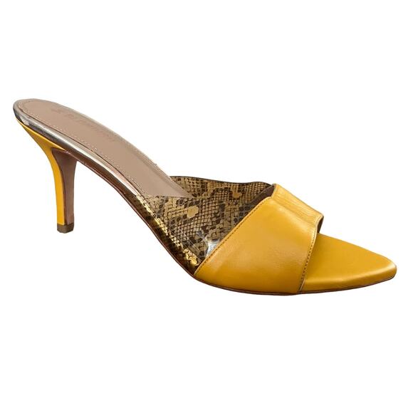 Blondish Berta Mustard Yellow Snakeskin Open Pointed Toe Mule Slip On Heels 10 - Picture 1 of 10